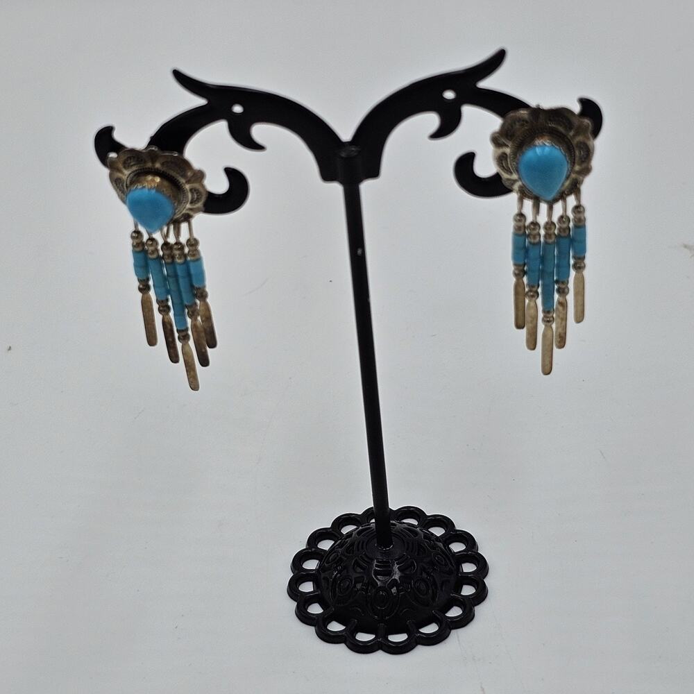 Vintage QUOC QT 925 Sterling Silver Turquoise Dangle Post Earrings Southwestern